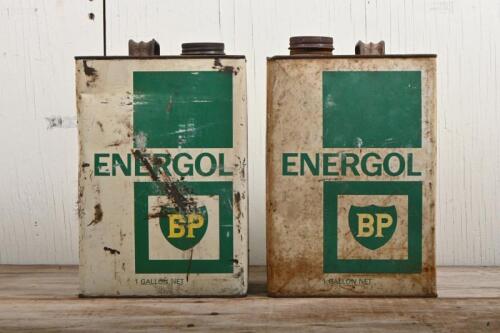BP/ENERGOL: Two one gallon BP Energol oil tins