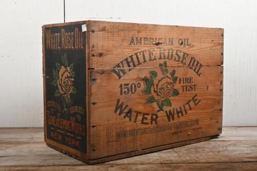 WHITE ROSE OIL: A White Rose oil kerosene box, 52cm high, 37cm wide, 26cm deep