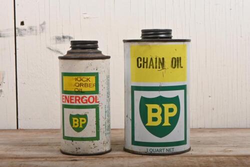 BP: Two BP oil tins, one one imperial pint" Energol" and oone one quart "Chain Oil"