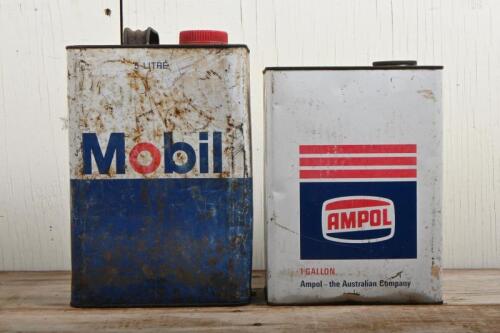 OIL TINS: Two oil tins, one Mobil 5 litre tin and an Ampol one gallon tin