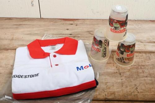 HOLDEN: A Holden HSV short sleeve polyester cotton polo shirt, with Bridgestone and Mobil logos, size 20 to fit 105cm chest, together with Adeliade GP Cooper plastic cups