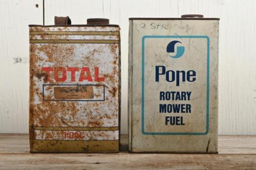 OIL TINS: Two oil tins, a Total and a Pope lawn mower fuel tin