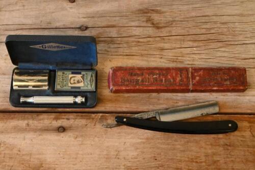 RAZORS: Two razors including a Hand Forged Bengall Razor size 5/8 made in England with original case along with a NOS Gillette razor with a sealed packet of Blue Gillette Blades also in original case