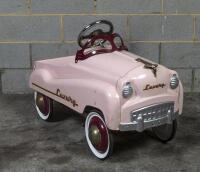 TOY CAR: A reproduction pink painted children pedal car, 90cm long approx
