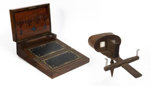 WRITING SLOPE: A French circa 1900 burr walnut writing slope, with two interior writing surfaces and letter rack, bears central brass cartouche to top inscripted with monogram "MH" and "N'Oubliez" (remember or never forget) and brass escutcheon 15cm high,