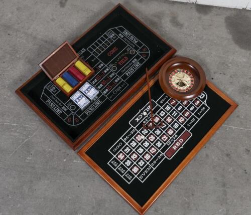GAMBLING: A 3 in 1 Casino Set, featuring a blackjack board, a roulette wheel and craps board, includes two packs of cards, dice, chips etc
