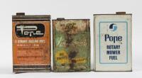 POPE: Two circa 1960s Pope 1960/70s "BP Zoom" two stroke fuel cans, two 5 litre and 1 one gallon, and a 1950s R&T Lubricants one gallon tin