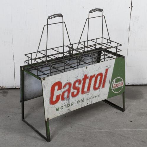 CASTROL: A circa 1960s Castrol Motor Oil bottle stand and two bottle racks, painted sign to both sides, holds 12 bottles, 84cm high, 75cm wide, 38cm deep overall