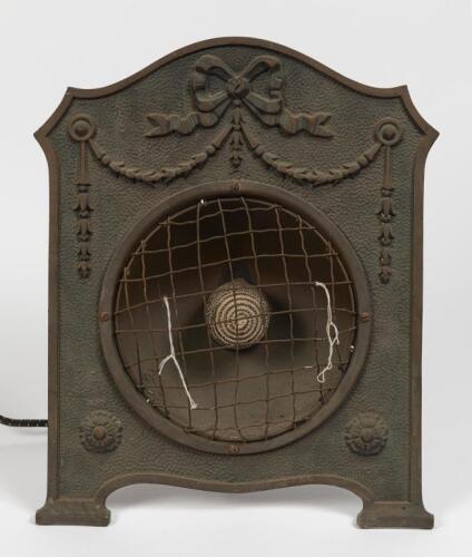 HEAT LAMP: A vintage cast iron heat lamp with bowed ribbon and swag decoration, 43cm high, unknown working condition