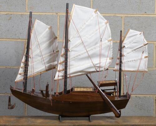 JUNK: A vintage wooden model of a Chinese junk shipping ship, 68cm long
