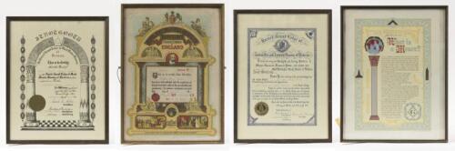 MASONS: A collection of four frames relating to the Masons, including inauguration certificates from England and Victoria, each framed and glazed, the largest 58 x 42cm overall