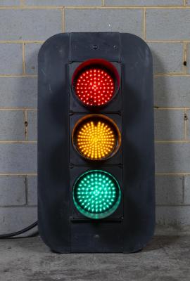 TRAFFIC LIGHTS: A set of traffic lights with solid lights, 107cm high. In working order with 240v wall plug