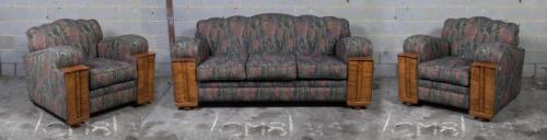 LOUNGE SUITE: A circa 1930s/1940s Art Deco style walnut lounge suite in later upholstery, length of back 188cm