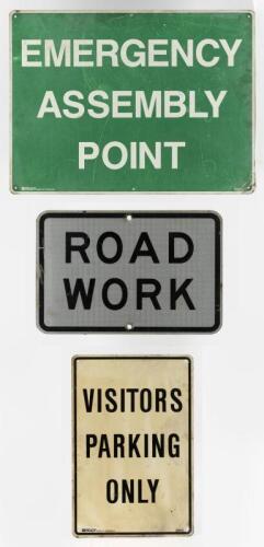 SIGNS: Three metal signs including 'Road Work', 'Emergency Assembly Point' & 'Visitors Parking Only'