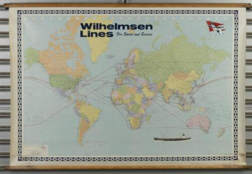 SHIPPING MAP: A 1969 world map showing the shipping tracks for Wilhelmsen Line, produced by George Philip & Sons, London