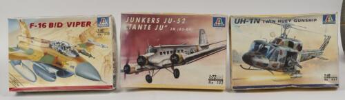 MODEL KITS: A collection of three Italeri aircraft model kits including two 1:48 scale kits F-16 Bid Viper & UH-1N Twin Huey Gunship along with a 1:72 scale Junkers Ju-52 Tante Ju 3m (G5-G9) model kit.