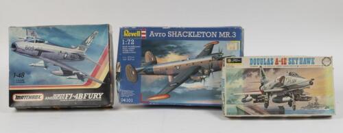 MODEL KITS: A collection of three model aircraft kits including Matchbox 1:48 scale North American FJ-4B Fury, Revell 1:72 scale Avro Shackleton MR.3 and Fujimi 1:48 scale Douglas A-4E Skyhawk.