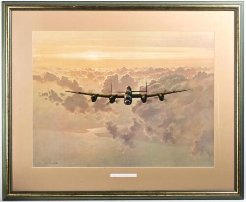 LANCASTER BOMBER: A&nbsp;print after the original oil painting of "Outbound Lancaster Bomber Crossing the East Coast" after Gerald Coulson, window frame mounted, framed and glazed, 82 x 100 cm overall