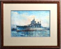 HAROLD DALTON (HARRY) HALL (British, Australian, 1881-1946), Battleship at Sea (Untitled), oil on canvas, window mounted, framed and glazed, image size 23.5 x 34.5cm, frame size 45 x 55cm