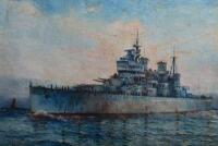 HAROLD DALTON (HARRY) HALL (British, Australian, 1881-1946), Battleship at Sea (Untitled), oil on canvas, window mounted, framed and glazed, image size 23.5 x 34.5cm, frame size 45 x 55cm - 2