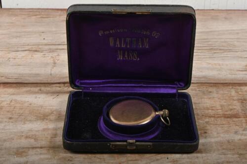 POCKET WATCH: An antique ' American Watch Co. Waltham Mass.' pocket watch, with Roman numeral dial, in original fitted box