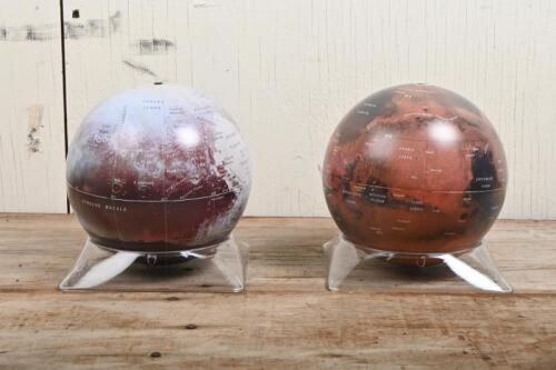 SKY & TELESCOPE: Two Sky & Telescope 6 inch model globes including Mars & Pluto with acrylic display stands