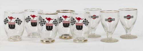 WYNNS: Five small Wynn's Motor Racing branded glasses and three small Martini branded glasses, tallest 10cm high