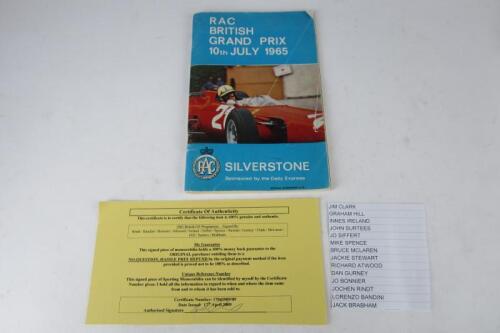 BRITISH GRAND PRIX. A superb 1965 RAC British Grand Prix Official Programme. Multiple F1 driver signatures including Jim Clark, Bruce McLaren, Jochen Rindt. With CoA.
