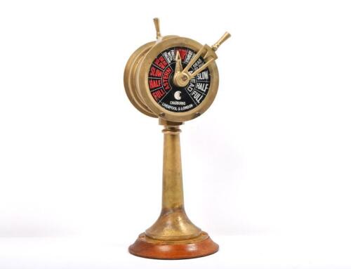 NAUTICAL TELEGRAPH: A modern maritime ships telegraph made by 'Chadburns Liverpool & London'. Brass with a wooden base