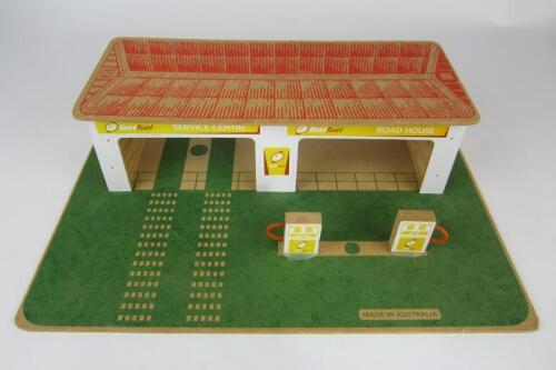 TOY FUEL STATION: A wooden toy 'fast fuel' road house by Millowood, Ballarat