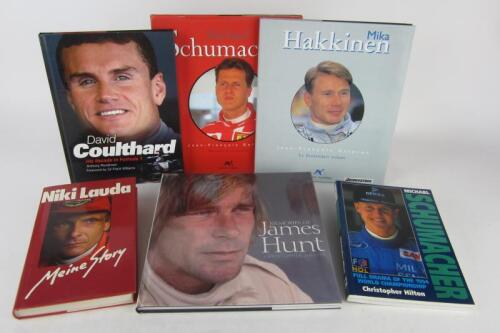 FORMULA 1 DRIVERS: A collection of books detailing the racing careers of various Formula 1 drivers including Hunt, Lauda, Schumacher.