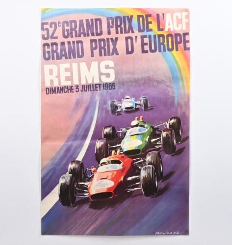 BRABHAM/REIMS: A superb, original 1966 Grand Prix D'Europe promotional poster, titled '52e GRAND PRIX DE L'ACF&Acirc;&nbsp;GRAND PRIX D'EUROPE REIMS - DIMANCHE 3 JULLET 1966'. Race was Brabham's first win under own team, first win for Repco V8 engine