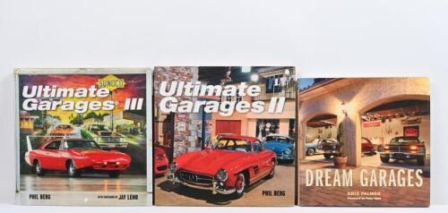 GARAGES: Three hardcover books detailing home garages. 'DREAM GARAGES' by Kris Palmer & 'Ultimate Garages II' and 'Ultimate Garages III' by Phil Berg