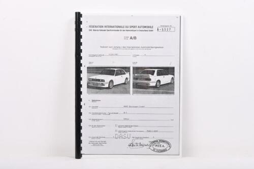 BMW: A facsimile issue of 'FEDERATION INTERNATIONALE DU SPORT AUTOMOBILE' for the homologation of the BMW M3 (E30). Document with Homologation Nr. A-5327. 1987