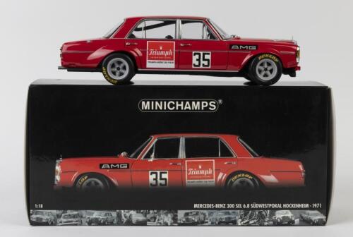 MERCEDES-BENZ: A MINICHAMPS 1:18 scale MERCEDES-BENZ 300 SEL 6.8 'SUDWESTPOKAL HOCKENHEIM' - 1971'. As raced by H. Kelleners. RED PIG
