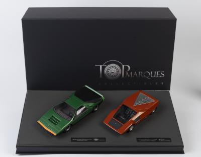 BERTONE DESIGN SET: A Top marques 1:18 scale Bertone Design Set. Alfa Romeo Carabo 1968 Paris Auto Show & Lancia Stratos Zero Concept. Interesting Set (Saleroom Notice)