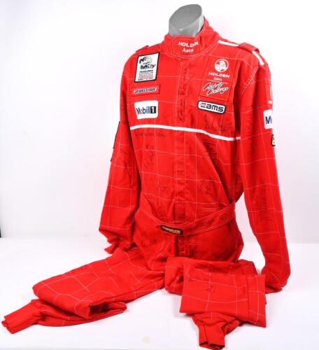 HOLDEN CELEBRITY CHALLENGE: A 1996 TRANSURBAN AUSTRALIAN GRAND PRIX, MELBOURNE, HOLDEN Astra Celebrity Challenge, RPM RACEGEAR red race suit. Suit autographed by numerous celebrities including Rachel Beck, Trevor Marmalade, Ben Mendelsohn, Catriona Rowntr