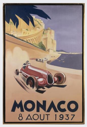 MONACO: A hand painted, oil on canvas&nbsp;special commission reproduction of the advertising poster for the 1937&nbsp;Monaco Grand Prix - 'MONACO 8&nbsp;Aout&nbsp;1937' by Todd Stoner. Canvas measurement of 80cm wide, 120cm high