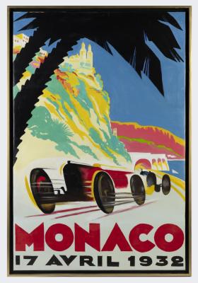 MONACO: A hand painted, oil on canvasÂ special commission reproduction of the advertising poster for the 1932 Monaco Grand Prix - 'MONACO 17 AVRIL 1932' by Todd Stoner. Canvas measurement of 80cm wide, 119.5cm high