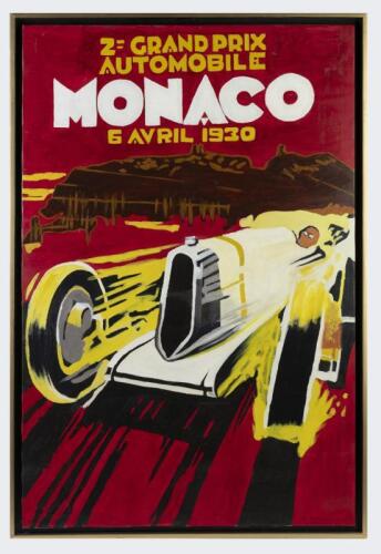 MONACO: A hand painted, oil on canvas&nbsp;special commission reproduction of the advertising poster for the 1930 Monaco Grand Prix - 'MONACO 8 Avril 1930' - by Todd Stoner. Canvas measurement of 80cm wide, 120cm high