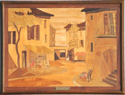 MARQUETRY: A marquetry art picture depicting a European street scene, titled "Cafe Continental" by GO Ward, 1968