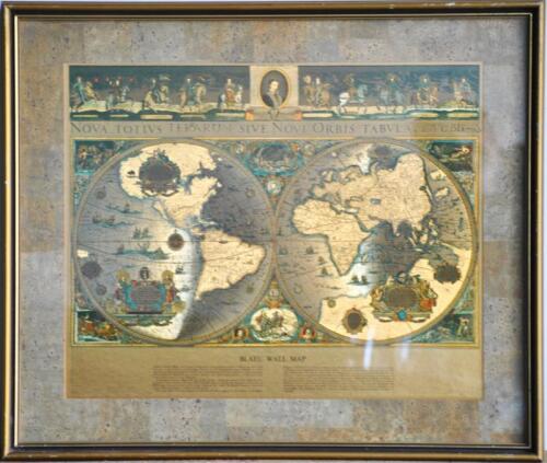 BLAEU WALL MAP: A vintage framed and glazed gold foil print of the 'Blaeu Wall Map'