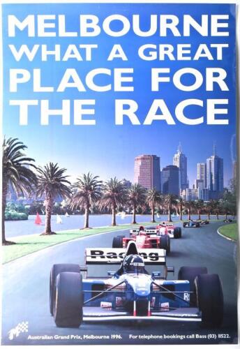 AUSTRALIAN GRAND PRIX: An 'Australian Grand Prix, Melbourne 1996' promotional poster, laminated, pin holes to corners; poster measures approximately 69.5cm wide, 1.05m high overall.