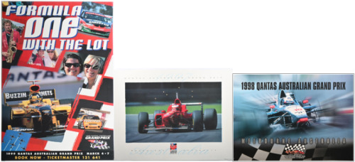 AUSTRALIAN GRAND PRIX: A collection of three Formula 1 Australian Grand Prix, Melbourne promotional posters from 1997 - 1999, laminated, pin holes to corners; largest measures approximately 96cm wide, 69.5cm high overall.