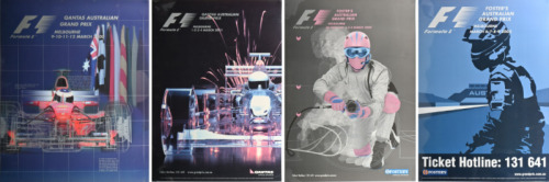 AUSTRALIAN GRAND PRIX: A collection of four Formula 1 Australian Grand Prix, Melbourne promotional posters from 2000 - 2003, laminated, pin holes to corners; largest measures approximately 69.5cm wide, 96.5cm high overall.