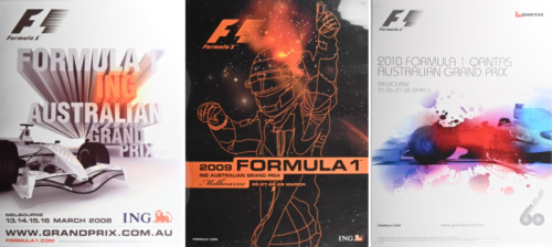 AUSTRALIAN GRAND PRIX: A group of three consecutive Formula 1 Australian Grand Prix, Melbourne promotional posters from 2008 - 2010, all laminated, pin holes to corners; all measure approximately 71cm wide, 97cm high overall.
