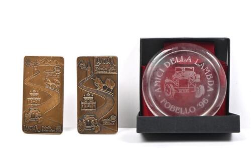 LANCIA FOBELLO: Three Lancia Fobello related items. Paper Weight & Brass Badges