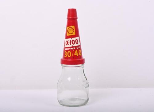 SHELL: A&nbsp; Shell X-100 30-40 Motor Oil plastic pourer with dust cap on a 500ml glass bottle
