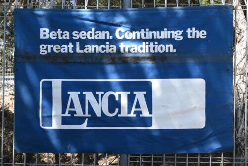 LANCIA: A circa 1970's/1980's original blue canvas&nbsp;LANCIA&nbsp;Beta advertising hanging banner&nbsp;- 'Beta sedan. Continuing the great Lancia tradition'
