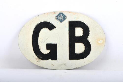 RAC GB: A Royal Automobile Club GB car plate, white oval plate with black lettering, 18cm across